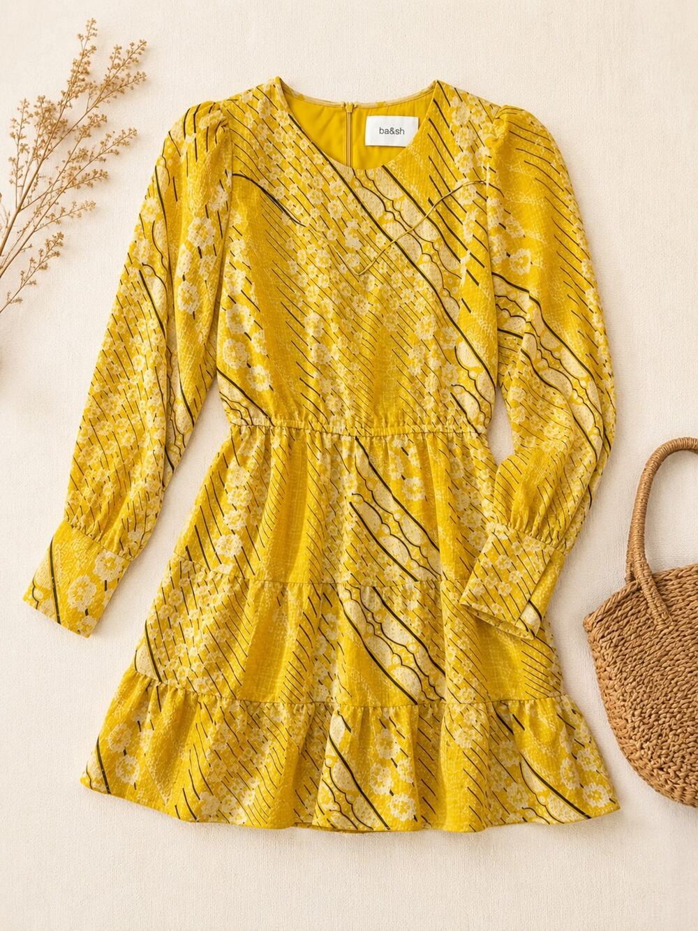 Ba&Sh Ophe Women's Mini Dress Size 0 Yellow Mustard Long Sleeve Tiered Fall
